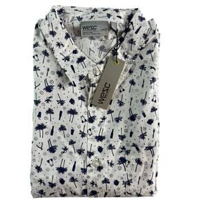 WESC Mens Graphic Print Short Sleeve Button Up Shirt Navy White Tropical Large